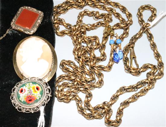 Cameo brooch in plated mount, carnelian-set brooch, micro-mosaic brooch, pair of earrings and a plated guard chain (5)
